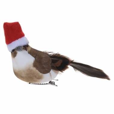1x kerstboomversiering donkerbruine vogels met kerstmuts op clip 12 cm kopen