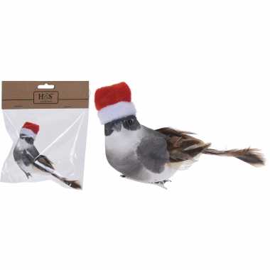 1x kerstboomversiering grijze vogels met kerstmuts op clip 12 cm kopen