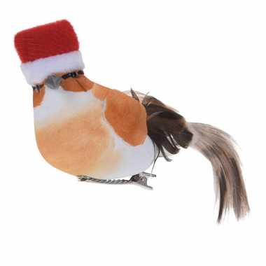 1x kerstboomversiering oranje vogels met kerstmuts op clip 12 cm kopen