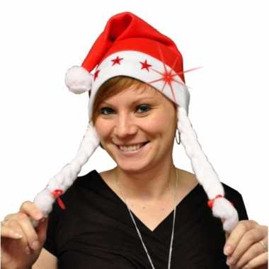 4x stuks kerstmutsen met vlechtjes en lichtjes kopen