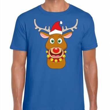 Foute kerst t shirt rendier rudolf rode kerstmuts blauw heren kopen