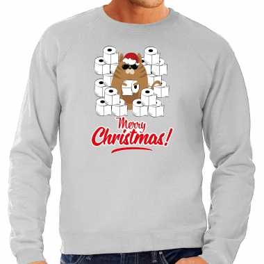 Foute kerstsweater / outfit met hamsterende kat merry christmas grijs voor heren kopen