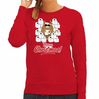 Foute kerstsweater / outfit met hamsterende kat merry christmas rood voor dames kopen