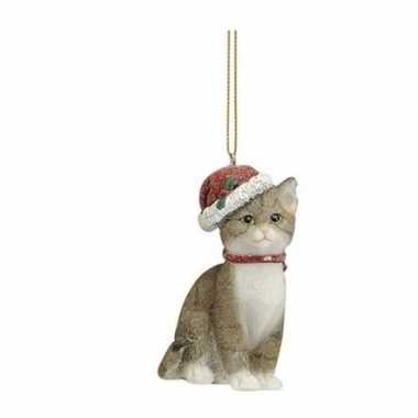 Kersthangers grijze katten met kerstmuts 9 cm kerstversiering kopen