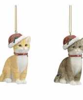 2x stuks kersthangers katten poezen met kerstmuts 9 cm kerstversiering