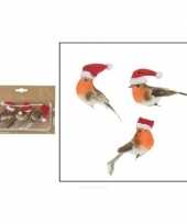 3x kerstboomversiering vogels op clip met kerstmuts 9 cm