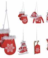 6x houten kersthangers kerstornamenten winter thema rood wit 6 cm
