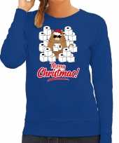 Foute kerstsweater outfit met hamsterende kat merry christmas blauw voor dames