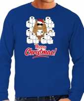 Foute kerstsweater outfit met hamsterende kat merry christmas blauw voor heren