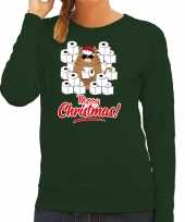 Foute kerstsweater outfit met hamsterende kat merry christmas groen voor dames